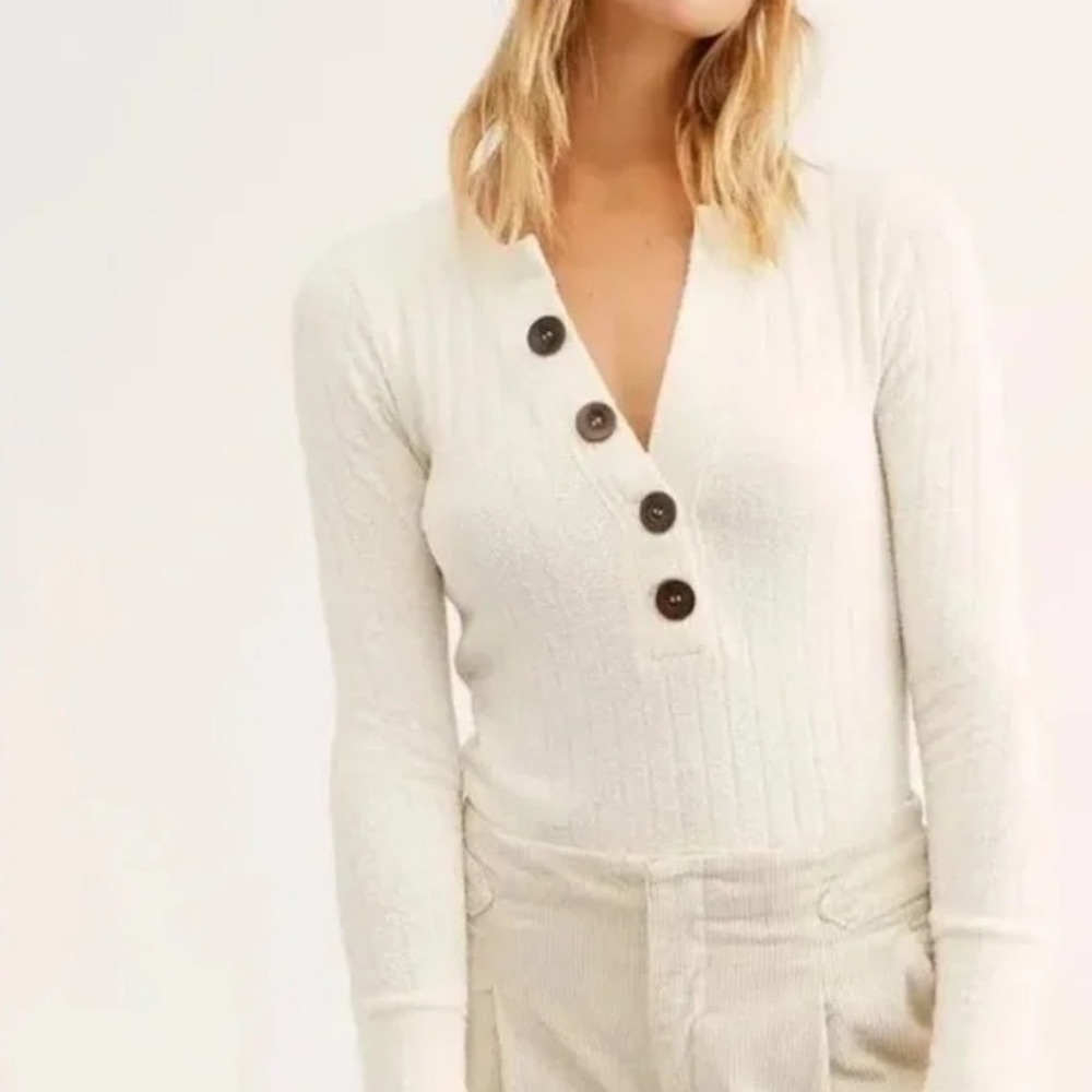 We The Free Oliver Henley Ribbed Knit Minimalist Long Sleeve Neutral Cream Small